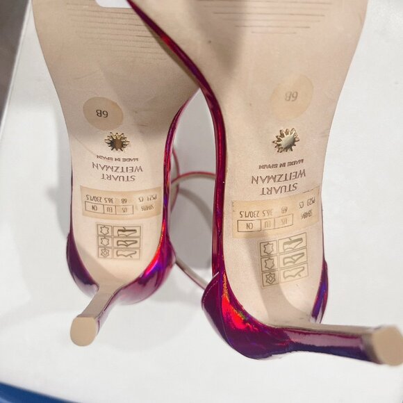 Stuart Weitzman Nudistcurve 100 Strap Sandal Iridescent Patent Orchid Pink US 6 - Picture 11 of 11